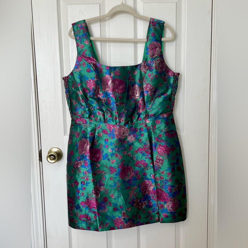 Lulus Compelling Drama Green Floral Jacquard Lurex Bustier Mini Dress - Size XL - Picture 2 of 7